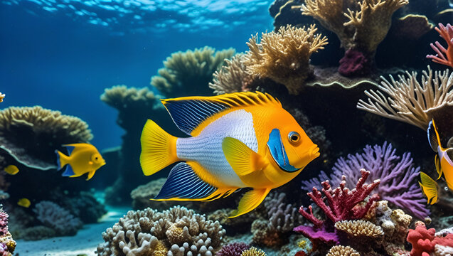 coral reef and fish, Underwater world in tropical ocean, Butterfly fish gracefully gliding through a coral reef their colorful patterns catching sunlight, Siganus vulpinus fox face fish, Generative AI