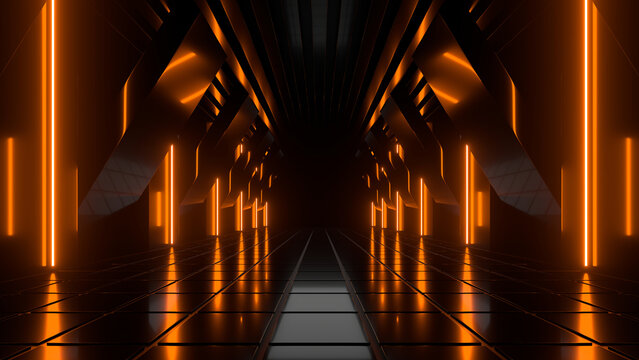 Fototapeta Sci Fi neon glowing lines in a dark tunnel. Reflections on the floor and ceiling. Empty background in the center. 3d rendering image. Abstract glowing lines. Technology futuristic background.