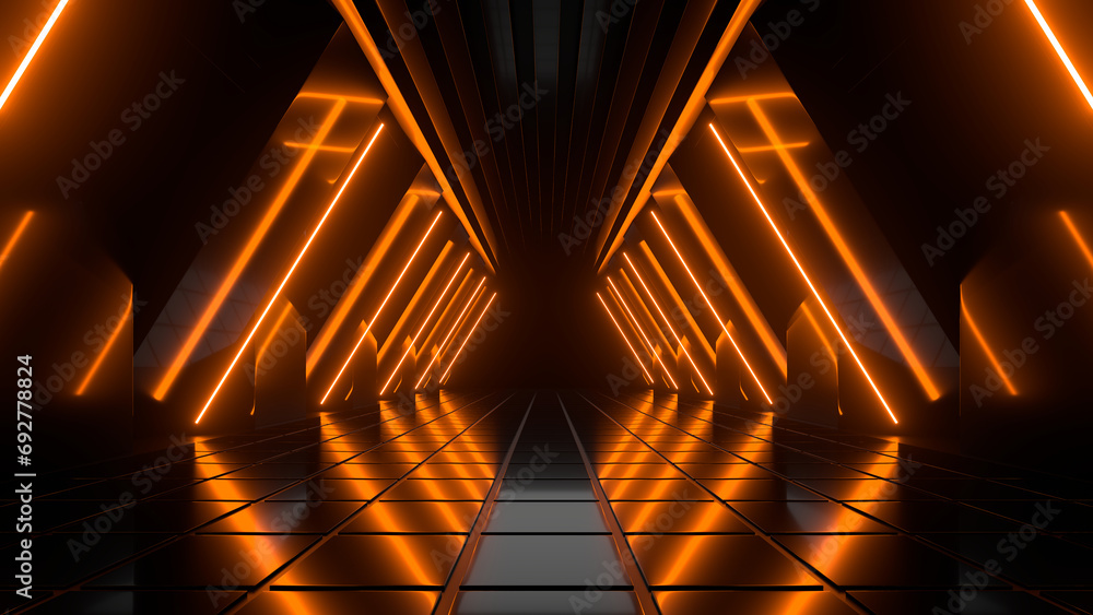 Poster sci fi neon glowing lines in a dark tunnel. reflections on the floor and ceiling. empty background i