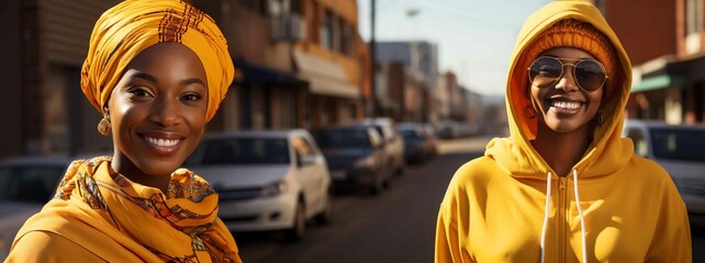 Smiling woman in yellow clothing looking at camera in city - obrazy, fototapety, plakaty