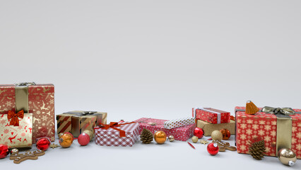 Merry Christmas: red and gold gifts, with other Christmas balls and decorations. 3D rendered illustration with copyspace for text.