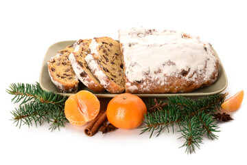 Composition with tasty Christmas stollen on white background