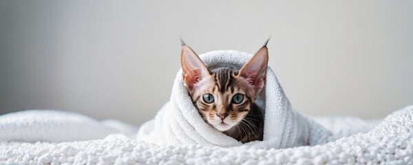 A cute little tabby kitten in a soft white blanket. Striped cat under a warm blanket on the bed. Modern bright bedroom. Cosy morning photo with a pet - Powered by Adobe