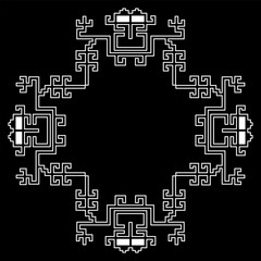 Ethnic pattern or frame with geometrical Nazca textile motifs. Native American indigenous design of pre Columbian Peru. Black and white silhouette.