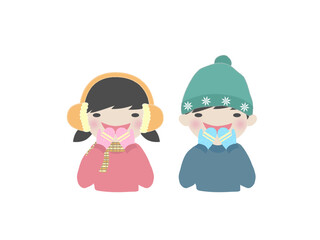 イヤーマフ、手袋、ニット帽、マフラーなどの冬服の男の子と女の子