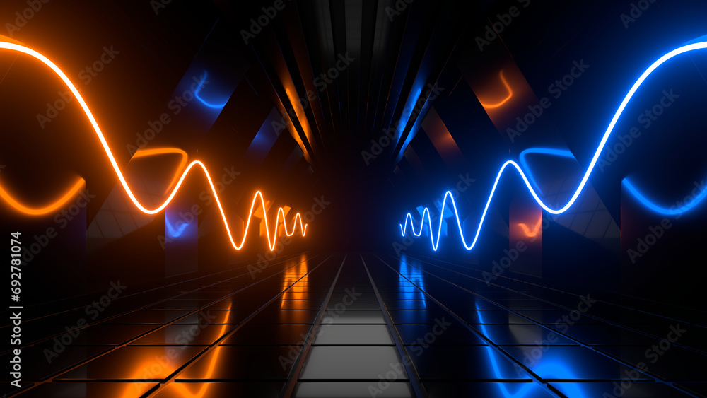 Poster Sci Fi neon glowing lines in a dark tunnel. Reflections on the floor and ceiling. Empty background in the center. 3d rendering image. Abstract glowing lines. Technology futuristic background.