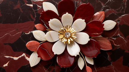 Exquisite Pietra dura flowers in deep maroon tones reflect on marble, their rich reflections adding an air of sophistication to the stone.