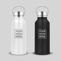 Vector Realistic 3d White and Black Blank Glossy Metal Reusable Water Bottle Icon Set with Silver Bung Closeup Isolated on White Background. Design Template of Packaging Mockup. Front View