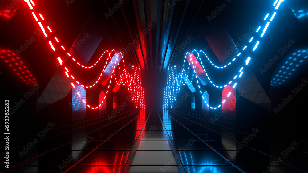 Poster sci fi neon glowing lines in a dark tunnel. reflections on the floor and ceiling. empty background i