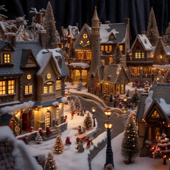 A Christmas village with miniature houses and shops decorated for the holiday season.Generative AI.