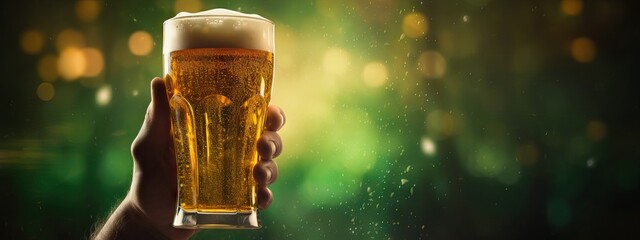 Man holding a glass with cold fresh beer on blured green background. Oktoberfest and St. Patrick's day celebration in a pub or bar. Card, banner, poster, flyer with copy space - obrazy, fototapety, plakaty
