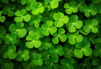 Clover leaves on green background. Three-leaved shamrocks. St Patrick Day holiday symbol. Template for design card, invitation, banner