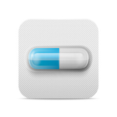 Vector Realistic Pharmaceutical Medical Blue Pill, Vitamins, Capsule in Blister Closeup Isolated. Pill in Blister Packaging Design Template. Front View. Medicine, Health Concept