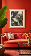 A fiery red wall enhances the tropical vibe in a living room, framing an empty mockup frame.