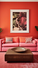 A living room exudes tropical charm with a fiery red wall and an empty mockup frame.