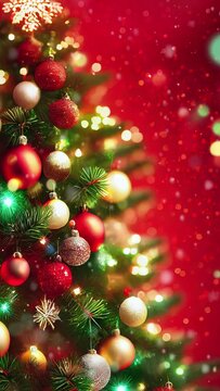 christmas tree on red background , Christmas background Animation with falling snow , Vertical video 4k