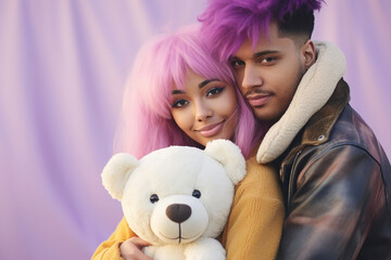 Cool modern young multiethnic couple. Colorful modern hairstyle woman. Celebrating Valentine's Day concept
