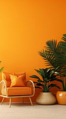 The stage is set for a tropical-inspired living room with warm orange walls and a blank mockup frame.