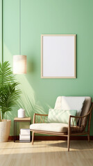 The tone for a tropical paradise is set with a refreshing mint green wall in a living room featuring a blank mockup frame.