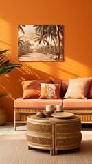 The tropical-inspired living room takes center stage with warm orange walls and a blank mockup frame.