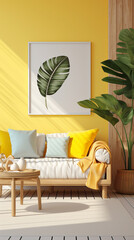The tropical-themed living space comes to life with a sunny yellow wall and an empty mockup frame.