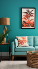 Tranquil teal walls enhance the tropical decor in a living room, presenting a blank mockup frame.