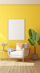 Vibrancy takes center stage in a tropical-themed living space with a sunny yellow wall and a blank mockup frame.