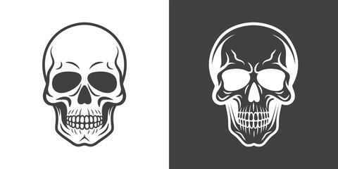 Vector Black and White Skull Icon Set Closeup Isolated. Skulls Collection with Outline, Cut Out Style in Front View. Hand Drawn Skull Head Design Template