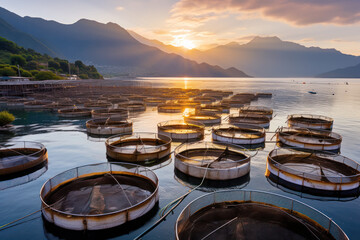 Aquaculture in floating fish farming cages of fish farm - obrazy, fototapety, plakaty