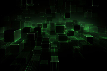 Illustration digital template square effects and glowing green artwork on black background - space abstract