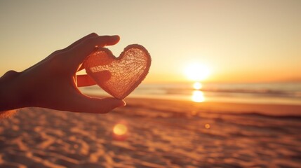 Hand holding a shape heart from the lover with sunlight background at the sea. Love on Valentine 's day or wedding. It expresses your love and care for your someone special to you. Generative Ai