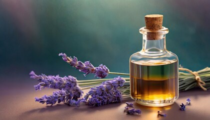 Lavender oil and lavender background.