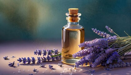 Lavender oil and lavender background. - obrazy, fototapety, plakaty