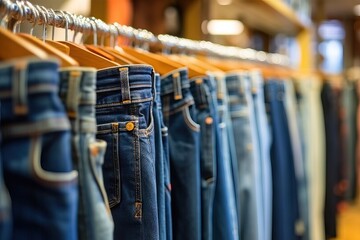 Store Clothing Boutique Pants Jeans Denim jean pant shelf fashion style - obrazy, fototapety, plakaty