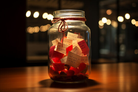 Glass Jar Filled with Love Messages and Folded Notes - Valentine's Day Time Capsule