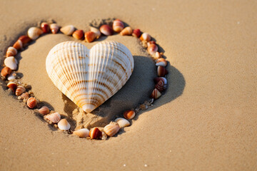 Fototapeta na wymiar Heart-shaped Shell on Golden Sands: Valentine's Day Message