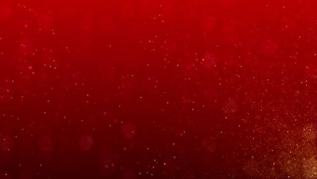 Gold particles abstract background with bokeh on red Background. Futuristic glittering in space.	