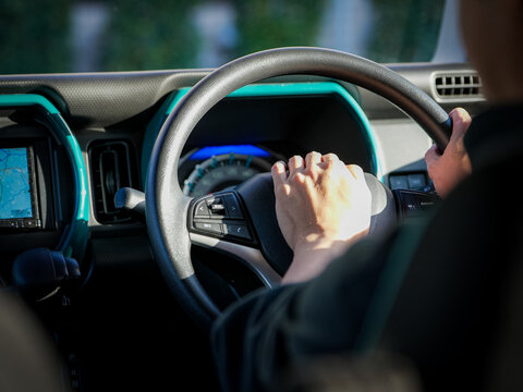 車内、クラクションに手を置く寄り