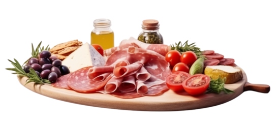 A charcuterie board with assorted meats, cheeses, olives, tomatoes, and condiments on a white background.
