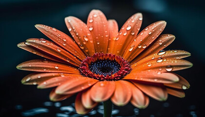 Vibrant gerbera daisy, dew drop, wet petal, green background, macro generated by AI