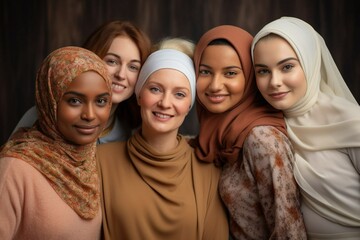 A group of Muslim women pose for a photo and smile. Beautiful and feminine Muslim women in hijabs. World Hijab Day. Generative AI