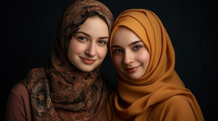 Two young beautiful Muslim women on a dark background. European appearance. World Hijab Day. Generative AI