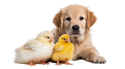 golden retriever puppies and chick