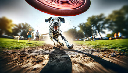 Energetic Dalmatian Catching Frisbee in Park