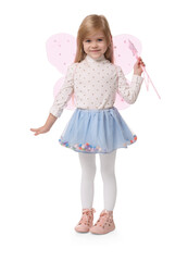 Cute little girl in fairy costume with pink wings and magic wand on white background