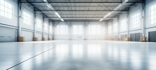 Clean warehouse building background. Generative AI technology.	
