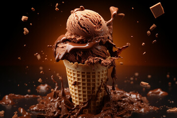 
Chocolate ice cream in a waffle cone, on a brown background, chocolate scatters around. Sweets. - obrazy, fototapety, plakaty