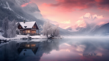 Winter Haven: Lakeside Cabin at Twilight