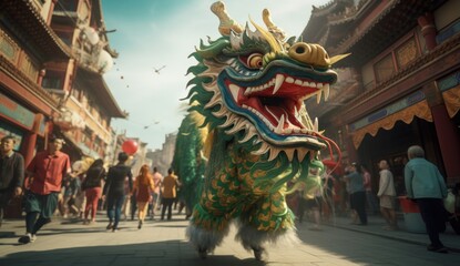 Chinese dragon as a character for the dragon dance at the Chinese New Year festival 2024 - obrazy, fototapety, plakaty
