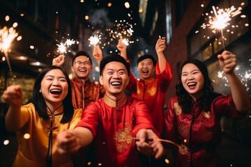 Group of young chinese people celebrating in red traditional costumes a new year of green dragon 2024 - obrazy, fototapety, plakaty